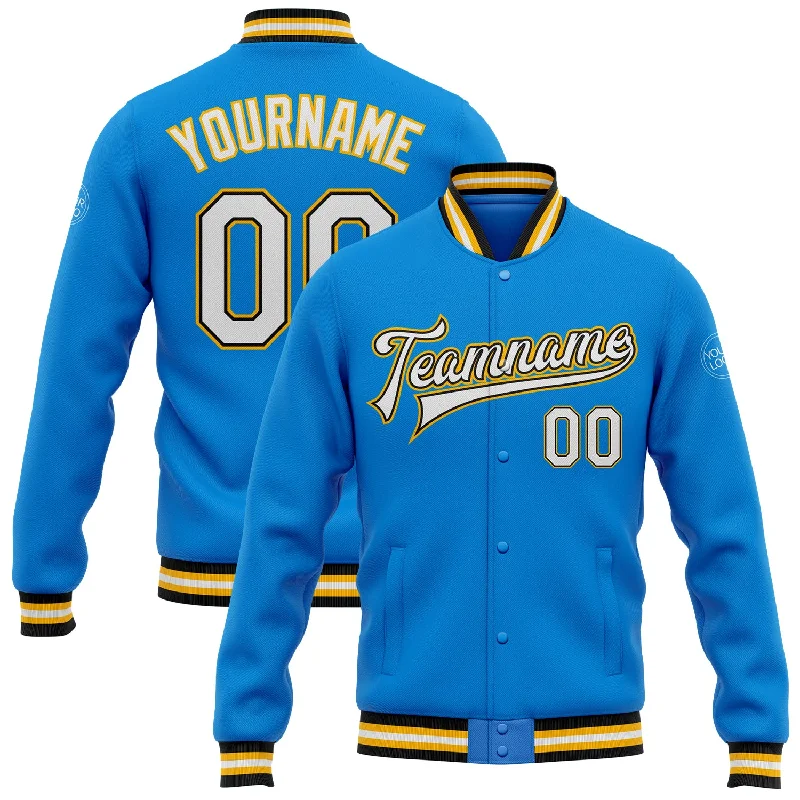 Relaxed-Fit Unisex Fashion For All-Day Comfort Limited Stock Custom Powder Blue White Black-Gold Bomber Full-Snap Varsity Letterman Jacket