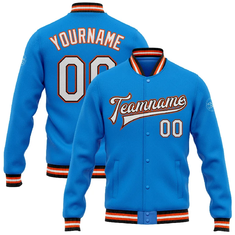 Chic And Contemporary Unisex Clothing Choices New In This Season Custom Powder Blue White Black-Orange Bomber Full-Snap Varsity Letterman Jacket