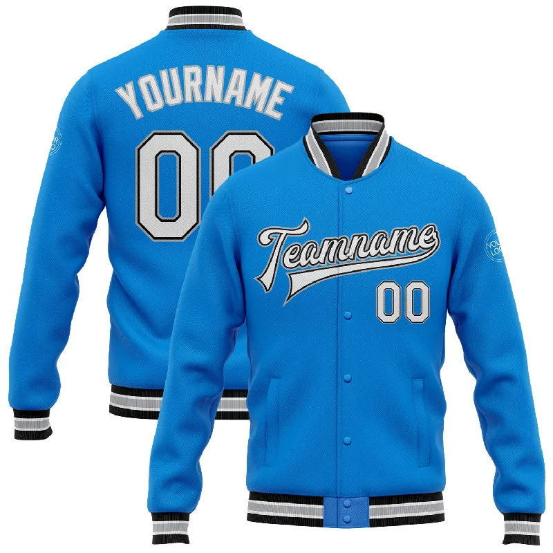 Versatile Unisex Layering Pieces Cozy Chic Promotions Custom Powder Blue White Black-Gray Bomber Full-Snap Varsity Letterman Jacket