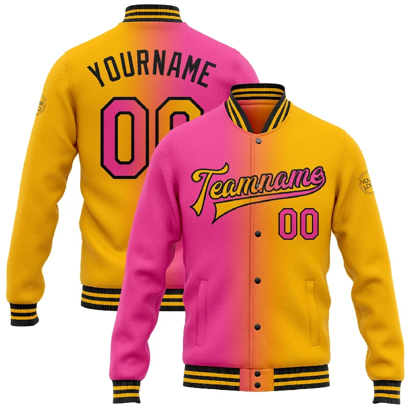 Everyday Wear For Men And Women Trend Alert Custom Gold Pink-Black Bomber Full-Snap Varsity Letterman Gradient Fashion Jacket