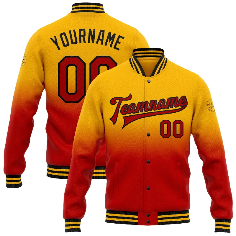 High-Quality Unisex Basics For All Occasions Seasonal Sale Custom Gold Red-Black Bomber Full-Snap Varsity Letterman Fade Fashion Jacket