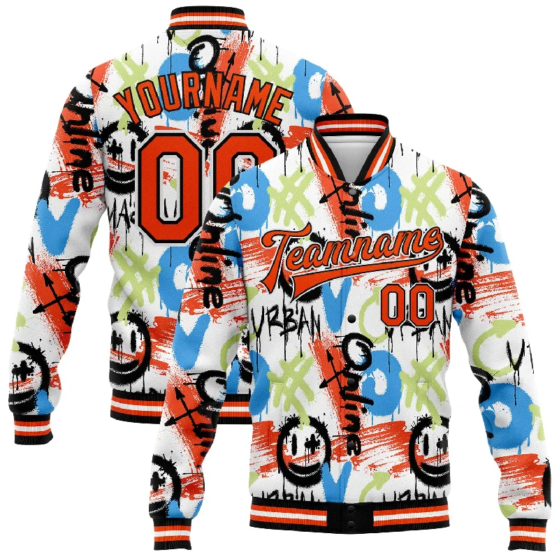 Lightweight And Breathable Unisex Wear Comfortable Chic Custom Graffiti Pattern Orange-Black Abstract Grunge Art 3D Bomber Full-Snap Varsity Letterman Jacket Lightweight And Breathable Unisex Wear Comfortable Chic Custom Graffiti Pattern Orange-Black Abstract Grunge Art 3D Bomber Full-Snap Varsity Letterman Jacket