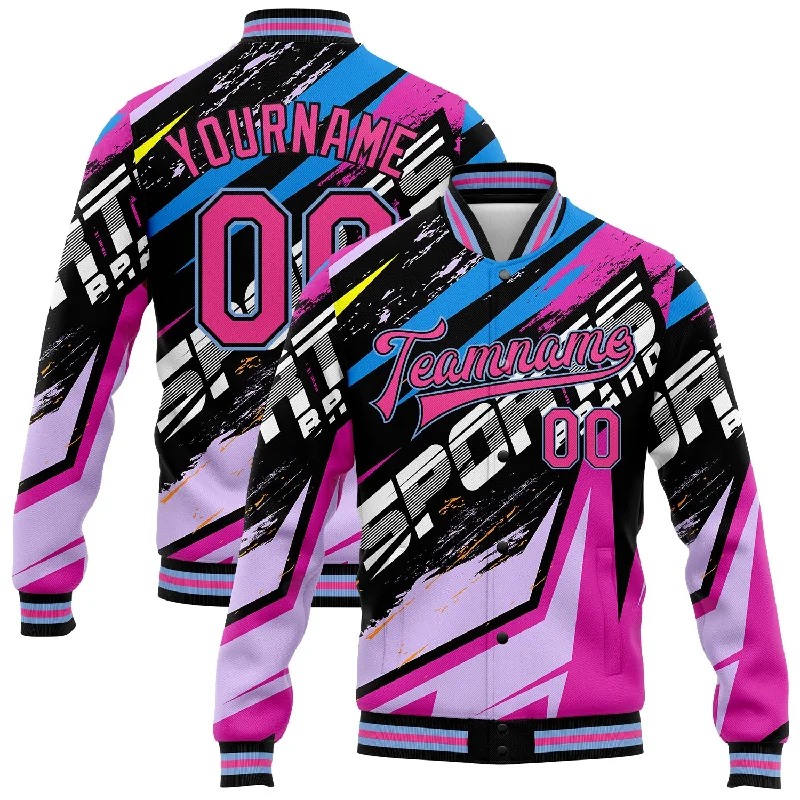 Contemporary Gender-Free Clothing Styles New Styles Just In Custom Graffiti Pattern Pink Black-Light Blue Sports 3D Bomber Full-Snap Varsity Letterman Jacket Contemporary Gender-Free Clothing Styles New Styles Just In Custom Graffiti Pattern Pink Black-Light Blue Sports 3D Bomber Full-Snap Varsity Letterman Jacket