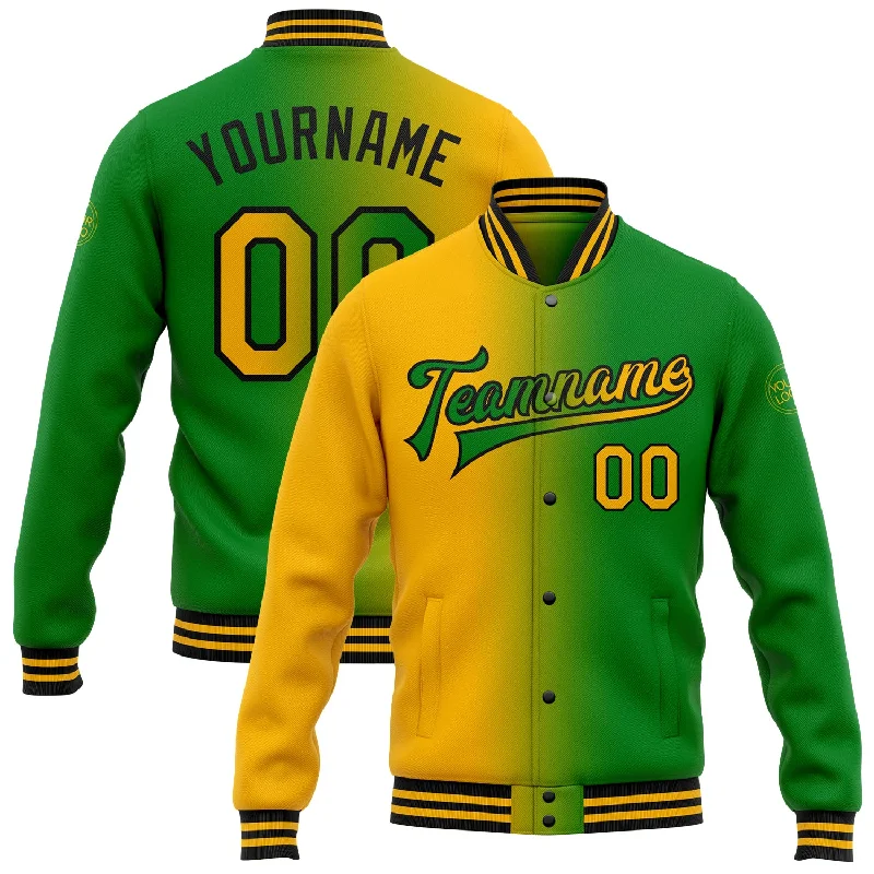 Fashion-Forward Gender-Neutral Outerwear Fresh Fashion Discounts Custom Grass Green Gold-Black Bomber Full-Snap Varsity Letterman Gradient Fashion Jacket Fashion-Forward Gender-Neutral Outerwear Fresh Fashion Discounts Custom Grass Green Gold-Black Bomber Full-Snap Varsity Letterman Gradient Fashion Jacket