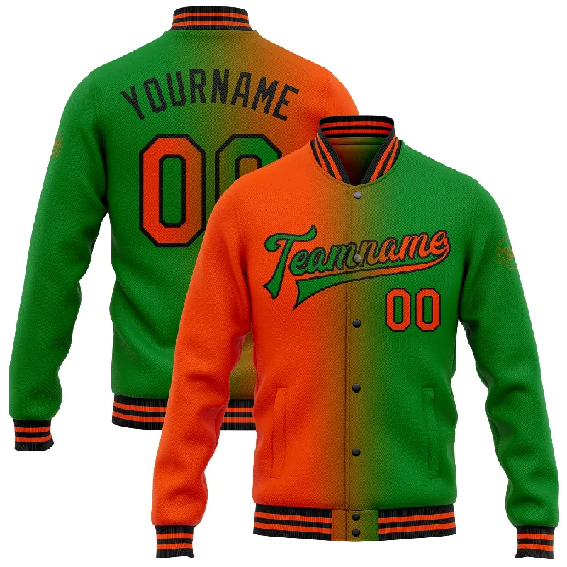 Urban-Inspired Unisex Fashion Pieces Premium Style Offers Custom Grass Green Orange-Black Bomber Full-Snap Varsity Letterman Gradient Fashion Jacket Urban-Inspired Unisex Fashion Pieces Premium Style Offers Custom Grass Green Orange-Black Bomber Full-Snap Varsity Letterman Gradient Fashion Jacket