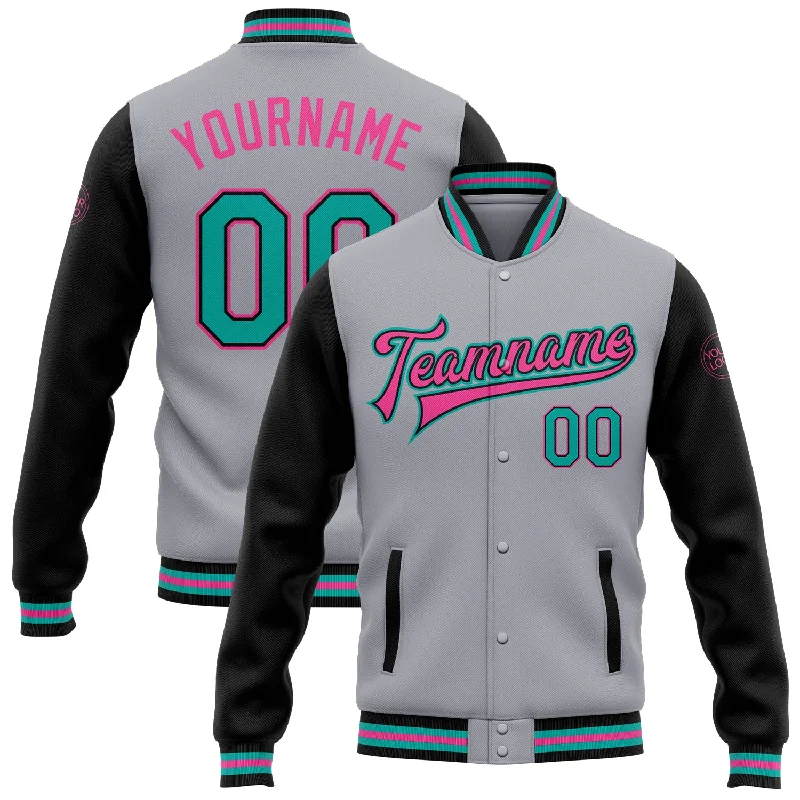 Modern Unisex Clothing For Any Occasion The Latest Trends Custom Gray Aqua Black-Pink Bomber Full-Snap Varsity Letterman Two Tone Jacket Modern Unisex Clothing For Any Occasion The Latest Trends Custom Gray Aqua Black-Pink Bomber Full-Snap Varsity Letterman Two Tone Jacket