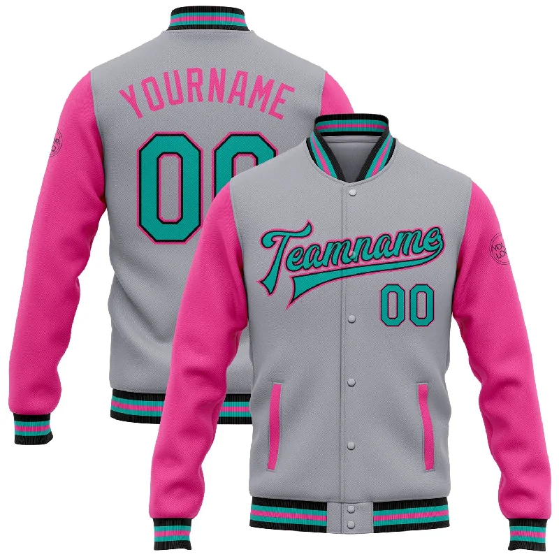 Casual Yet Sophisticated Unisex Fashion Explore What'S New Custom Gray Aqua Black-Pink Bomber Full-Snap Varsity Letterman Two Tone Jacket Casual Yet Sophisticated Unisex Fashion Explore What'S New Custom Gray Aqua Black-Pink Bomber Full-Snap Varsity Letterman Two Tone Jacket