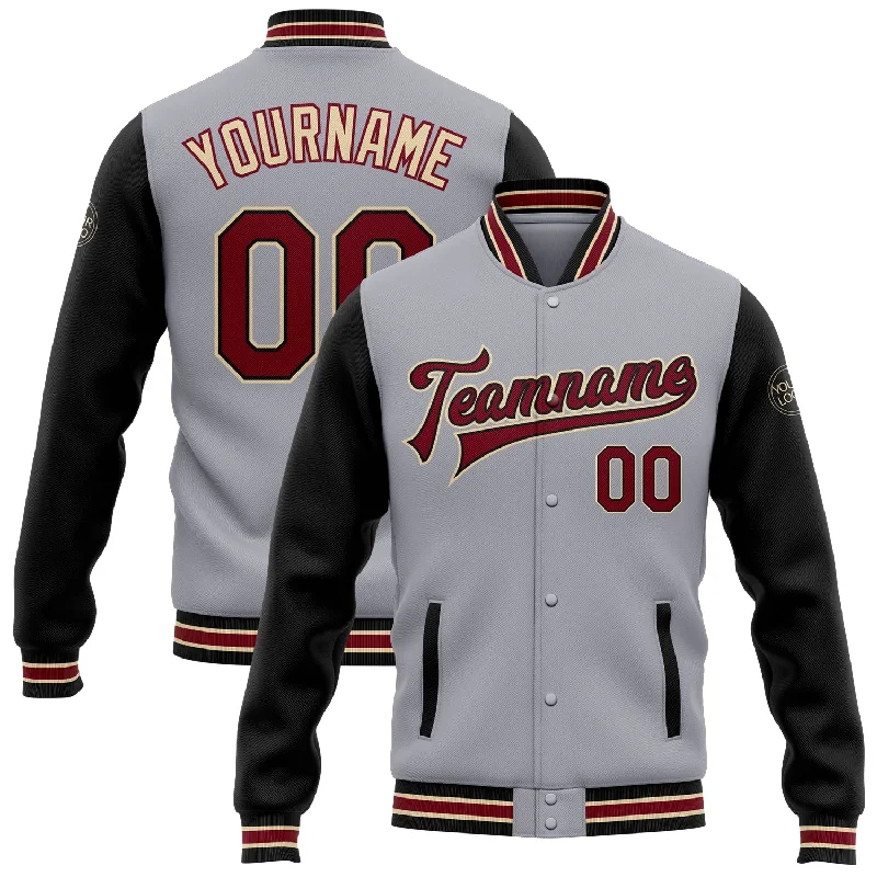 Unisex Casual Wear For All Seasons Embrace New Fashion Custom Gray Crimson Black-City Cream Bomber Full-Snap Varsity Letterman Two Tone Jacket Unisex Casual Wear For All Seasons Embrace New Fashion Custom Gray Crimson Black-City Cream Bomber Full-Snap Varsity Letterman Two Tone Jacket