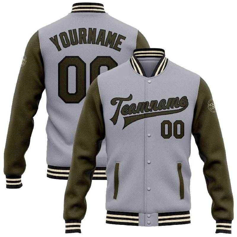 Relaxed-Fit Unisex Clothing Options Holiday Attire Sale Custom Gray Olive Black-Cream Bomber Full-Snap Varsity Letterman Two Tone Jacket Relaxed-Fit Unisex Clothing Options Holiday Attire Sale Custom Gray Olive Black-Cream Bomber Full-Snap Varsity Letterman Two Tone Jacket