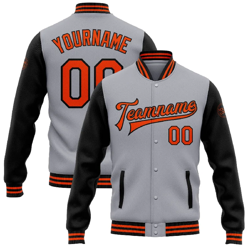 Relaxed-Fit Unisex Fashion For All-Day Comfort Unleash Your Fashion Custom Gray Orange-Black Bomber Full-Snap Varsity Letterman Two Tone Jacket Relaxed-Fit Unisex Fashion For All-Day Comfort Unleash Your Fashion Custom Gray Orange-Black Bomber Full-Snap Varsity Letterman Two Tone Jacket