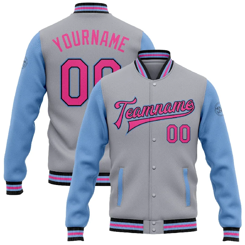 Versatile And Stylish Unisex Apparel Best Sellers Custom Gray Pink Black-Light Blue Bomber Full-Snap Varsity Letterman Two Tone Jacket Versatile And Stylish Unisex Apparel Best Sellers Custom Gray Pink Black-Light Blue Bomber Full-Snap Varsity Letterman Two Tone Jacket