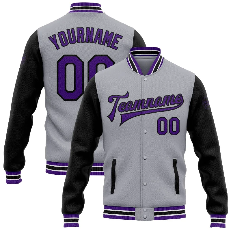Fashion-Forward Unisex Apparel Fall Sale, Prices Drop Custom Gray Purple-Black Bomber Full-Snap Varsity Letterman Two Tone Jacket Fashion-Forward Unisex Apparel Fall Sale, Prices Drop Custom Gray Purple-Black Bomber Full-Snap Varsity Letterman Two Tone Jacket