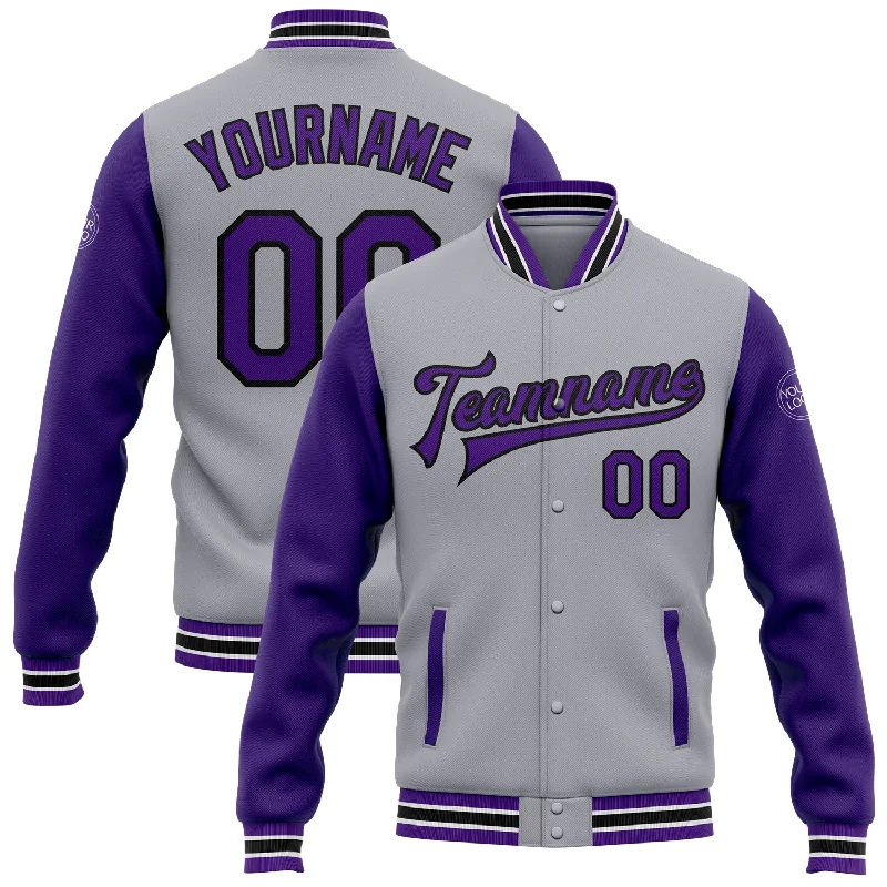 Modern Unisex Streetwear Outfits Contemporary Casual Deals Custom Gray Purple-Black Bomber Full-Snap Varsity Letterman Two Tone Jacket Modern Unisex Streetwear Outfits Contemporary Casual Deals Custom Gray Purple-Black Bomber Full-Snap Varsity Letterman Two Tone Jacket