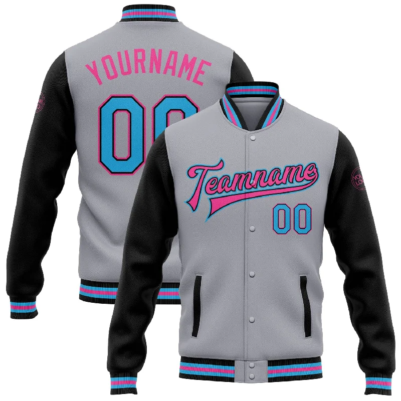 Oversized Unisex Apparel For Effortless Style Trendy Pulse Custom Gray Sky Blue Black-Pink Bomber Full-Snap Varsity Letterman Two Tone Jacket Oversized Unisex Apparel For Effortless Style Trendy Pulse Custom Gray Sky Blue Black-Pink Bomber Full-Snap Varsity Letterman Two Tone Jacket