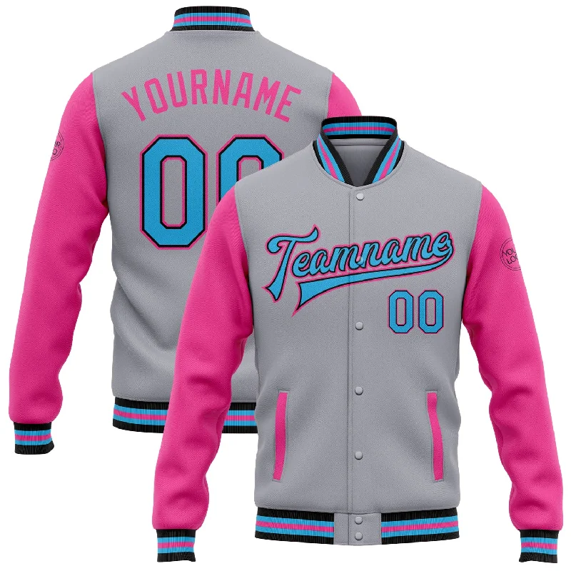 Stylish Unisex Outfit Ideas Additional Time-Limited Offers Custom Gray Sky Blue Black-Pink Bomber Full-Snap Varsity Letterman Two Tone Jacket Stylish Unisex Outfit Ideas Additional Time-Limited Offers Custom Gray Sky Blue Black-Pink Bomber Full-Snap Varsity Letterman Two Tone Jacket