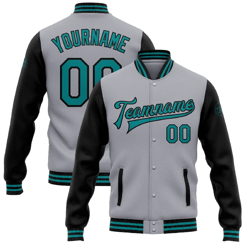 Minimalist Unisex Fashion Must-Haves Bid Farewell To The Old Season Custom Gray Teal-Black Bomber Full-Snap Varsity Letterman Two Tone Jacket Minimalist Unisex Fashion Must-Haves Bid Farewell To The Old Season Custom Gray Teal-Black Bomber Full-Snap Varsity Letterman Two Tone Jacket