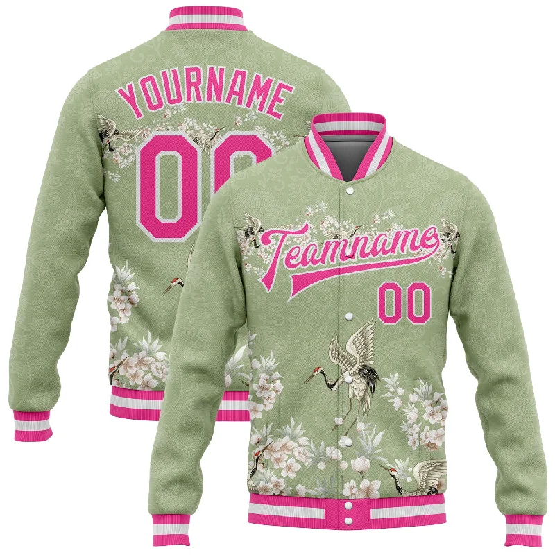 Sustainable And Ethical Unisex Clothing Romantic Fashion Discounts Custom Green Pink-White Flower And Crane 3D Pattern Design Bomber Full-Snap Varsity Letterman Jacket Sustainable And Ethical Unisex Clothing Romantic Fashion Discounts Custom Green Pink-White Flower And Crane 3D Pattern Design Bomber Full-Snap Varsity Letterman Jacket
