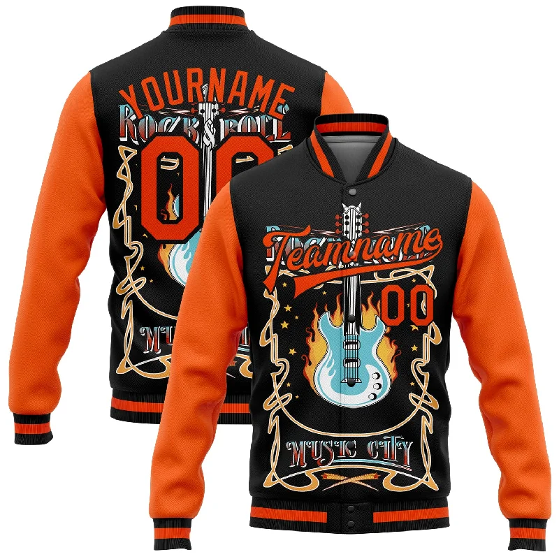 Classic Unisex Fashion Looks Modern Fashion Sale Custom Black Orange Vintage Rock Roll Music Festival 3D Pattern Design Bomber Full-Snap Varsity Letterman Jacket Classic Unisex Fashion Looks Modern Fashion Sale Custom Black Orange Vintage Rock Roll Music Festival 3D Pattern Design Bomber Full-Snap Varsity Letterman Jacket