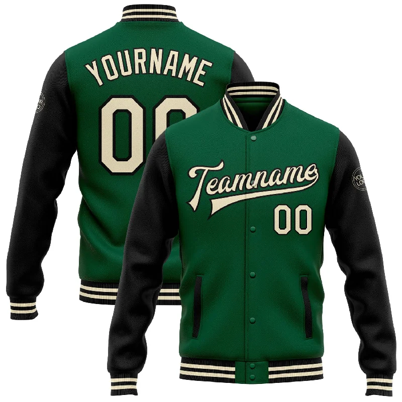Functional And Stylish Unisex Outerwear Stylish Looks Custom Kelly Green Cream-Black Bomber Full-Snap Varsity Letterman Two Tone Jacket Functional And Stylish Unisex Outerwear Stylish Looks Custom Kelly Green Cream-Black Bomber Full-Snap Varsity Letterman Two Tone Jacket