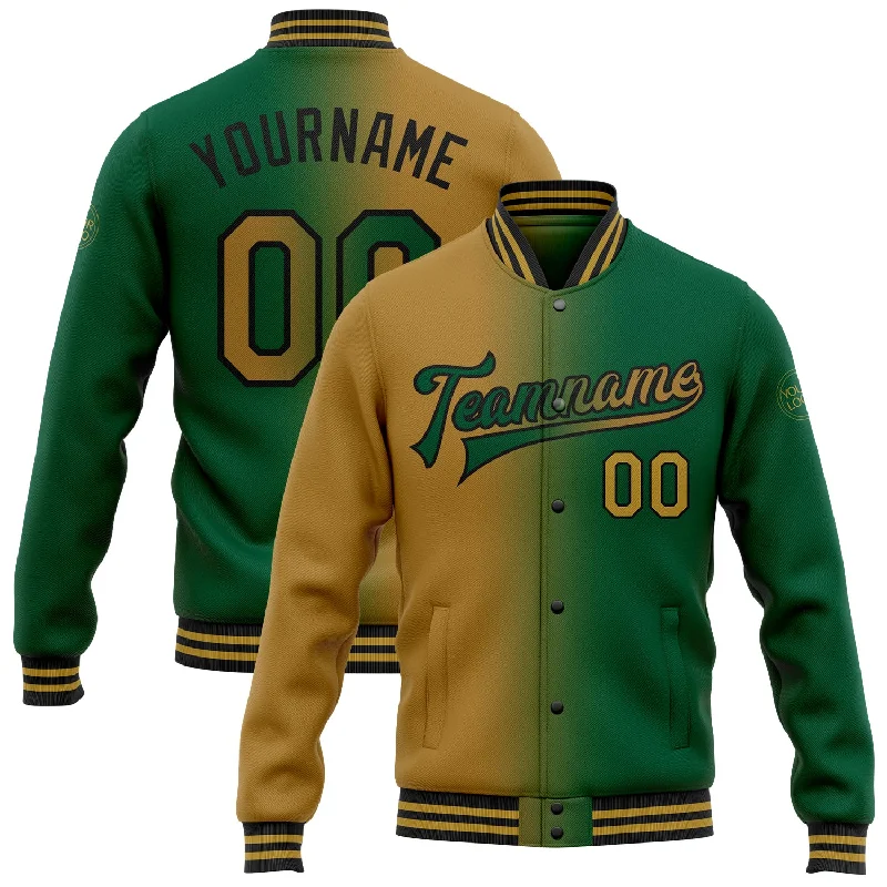 High-Quality Unisex Fashion Basics Style Revolution Custom Kelly Green Old Gold-Black Bomber Full-Snap Varsity Letterman Gradient Fashion Jacket High-Quality Unisex Fashion Basics Style Revolution Custom Kelly Green Old Gold-Black Bomber Full-Snap Varsity Letterman Gradient Fashion Jacket