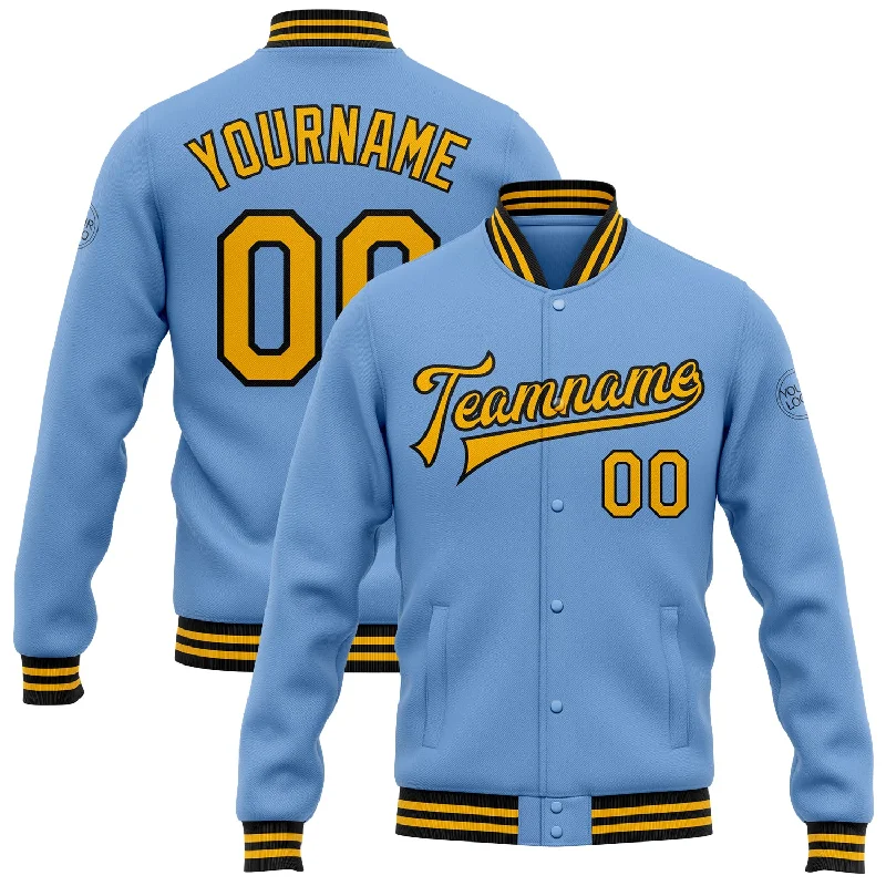 All-Season Unisex Clothing Collection Top Deals Custom Light Blue Gold-Black Bomber Full-Snap Varsity Letterman Jacket