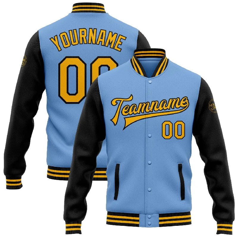 Contemporary Gender-Free Clothing Styles Glamorous Fashion Offers Custom Light Blue Gold-Black Bomber Full-Snap Varsity Letterman Two Tone Jacket Contemporary Gender-Free Clothing Styles Glamorous Fashion Offers Custom Light Blue Gold-Black Bomber Full-Snap Varsity Letterman Two Tone Jacket