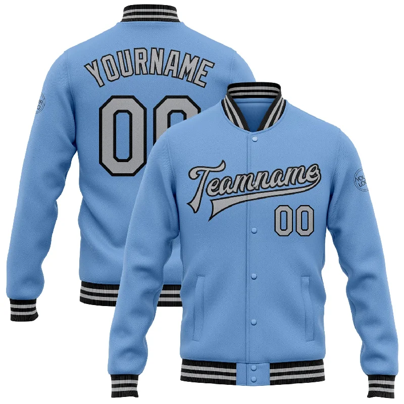 Bold And Trendy Gender-Neutral Outfits Discount Extravaganza Custom Light Blue Gray-Black Bomber Full-Snap Varsity Letterman Jacket