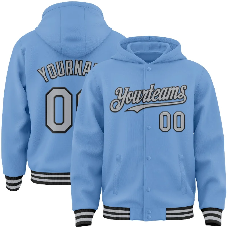 Casual Yet Sophisticated Unisex Fashion Trendy Styles Custom Light Blue Gray-Black Bomber Full-Snap Varsity Letterman Hoodie Jacket Casual Yet Sophisticated Unisex Fashion Trendy Styles Custom Light Blue Gray-Black Bomber Full-Snap Varsity Letterman Hoodie Jacket