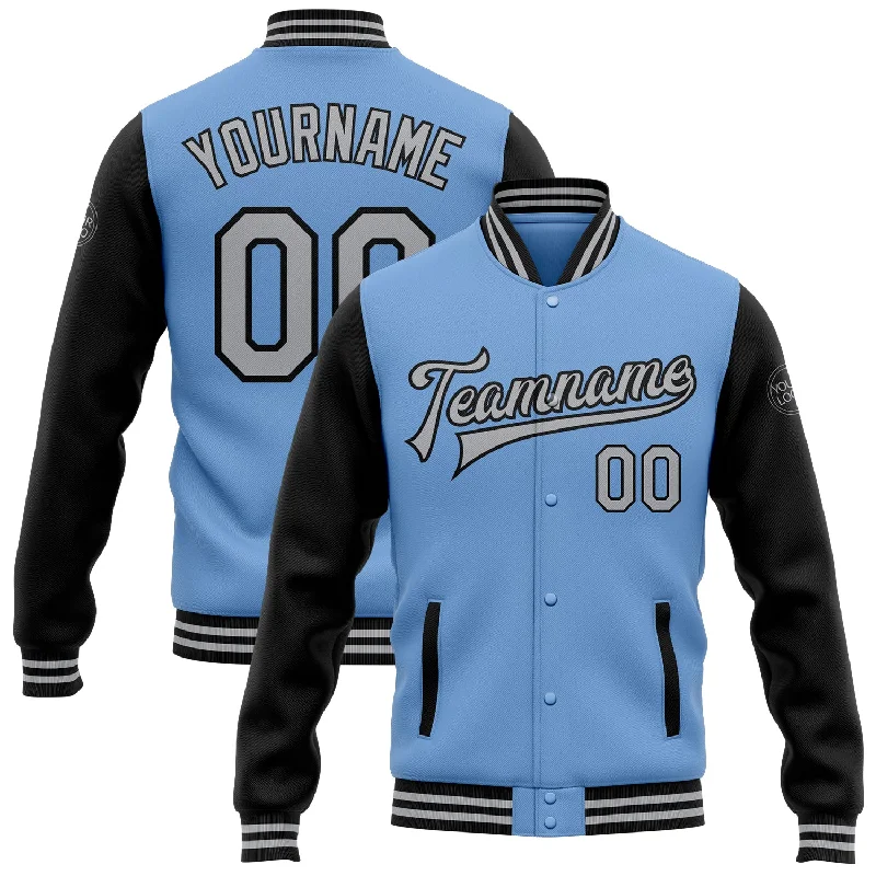 Modern Unisex Wardrobe Staples Sophisticated Style Offers Custom Light Blue Gray-Black Bomber Full-Snap Varsity Letterman Two Tone Jacket Modern Unisex Wardrobe Staples Sophisticated Style Offers Custom Light Blue Gray-Black Bomber Full-Snap Varsity Letterman Two Tone Jacket