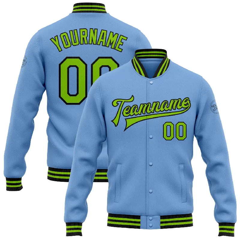 Lightweight And Breathable Unisex Wear Seasonal Style Discounts Custom Light Blue Neon Green-Black Bomber Full-Snap Varsity Letterman Jacket