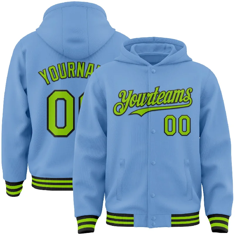 Lightweight And Breathable Unisex Wear Fashion Deal Custom Light Blue Neon Green-Black Bomber Full-Snap Varsity Letterman Hoodie Jacket Lightweight And Breathable Unisex Wear Fashion Deal Custom Light Blue Neon Green-Black Bomber Full-Snap Varsity Letterman Hoodie Jacket