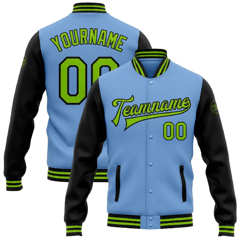 Minimalist Unisex Fashion Essentials Trendy Looks On Sale Custom Light Blue Neon Green-Black Bomber Full-Snap Varsity Letterman Two Tone Jacket Minimalist Unisex Fashion Essentials Trendy Looks On Sale Custom Light Blue Neon Green-Black Bomber Full-Snap Varsity Letterman Two Tone Jacket