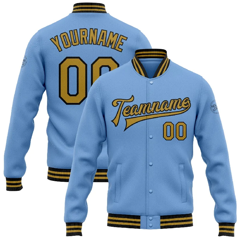 Unisex Casual Fashion Trends Holiday Attire Sale Custom Light Blue Old Gold-Black Bomber Full-Snap Varsity Letterman Jacket