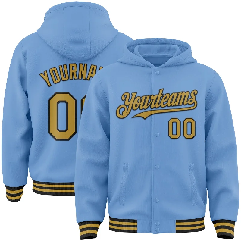 Comfortable Unisex Streetwear Exclusive Sale Custom Light Blue Old Gold-Black Bomber Full-Snap Varsity Letterman Hoodie Jacket Comfortable Unisex Streetwear Exclusive Sale Custom Light Blue Old Gold-Black Bomber Full-Snap Varsity Letterman Hoodie Jacket