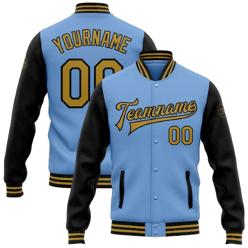 Classic Unisex Fashion Looks Affordable Luxury Fashion Custom Light Blue Old Gold-Black Bomber Full-Snap Varsity Letterman Two Tone Jacket Classic Unisex Fashion Looks Affordable Luxury Fashion Custom Light Blue Old Gold-Black Bomber Full-Snap Varsity Letterman Two Tone Jacket