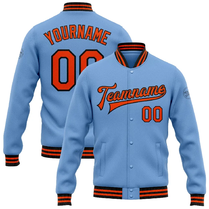 Everyday Wear For Men And Women Swimwear Summer Blowout Custom Light Blue Orange-Black Bomber Full-Snap Varsity Letterman Jacket