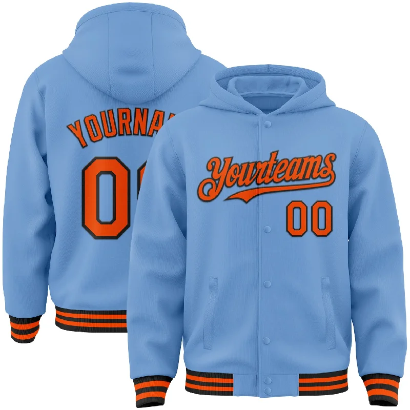 Classic Unisex Fashion Looks Day-To-Night Styles Custom Light Blue Orange-Black Bomber Full-Snap Varsity Letterman Hoodie Jacket Classic Unisex Fashion Looks Day-To-Night Styles Custom Light Blue Orange-Black Bomber Full-Snap Varsity Letterman Hoodie Jacket