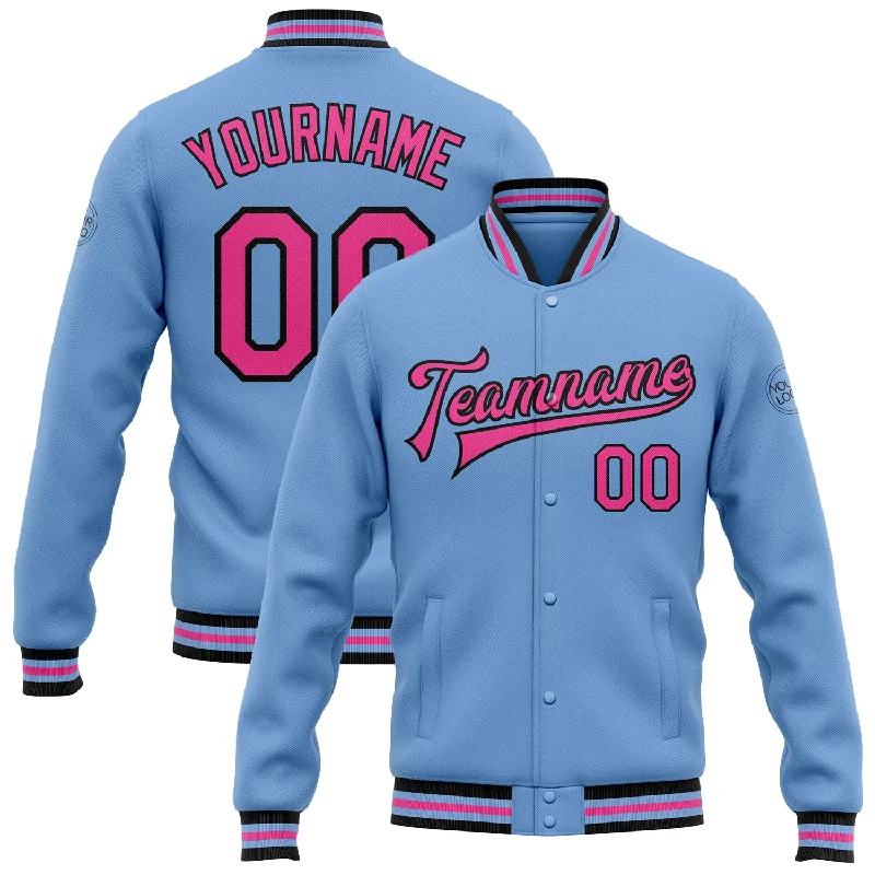 Fashion-Forward Gender-Neutral Outerwear Top Brand Discounts Custom Light Blue Pink-Black Bomber Full-Snap Varsity Letterman Jacket