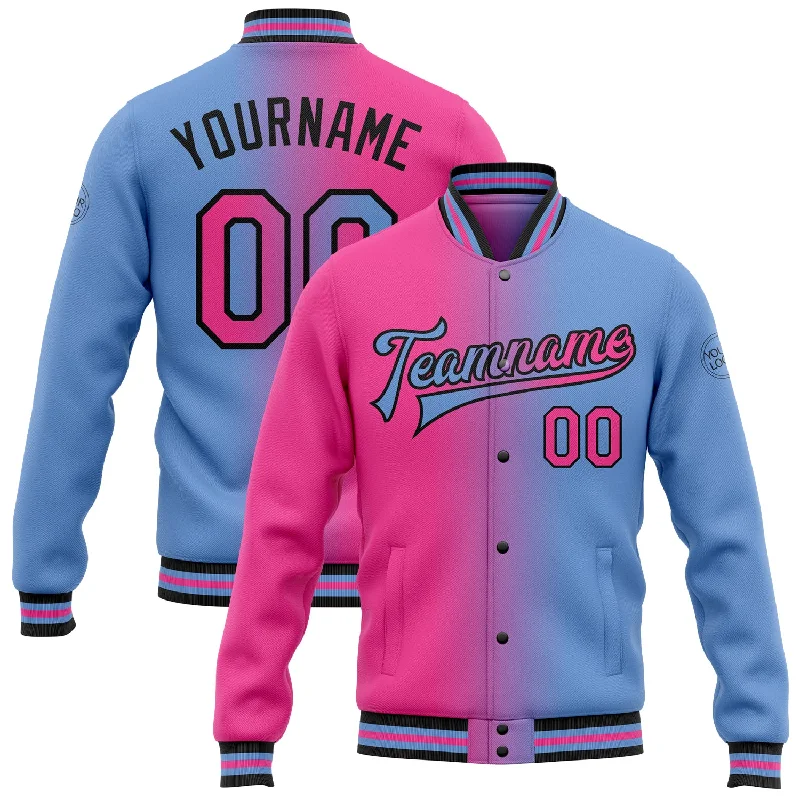 Versatile Clothing For All Genders Casual Chic Custom Light Blue Pink-Black Bomber Full-Snap Varsity Letterman Gradient Fashion Jacket