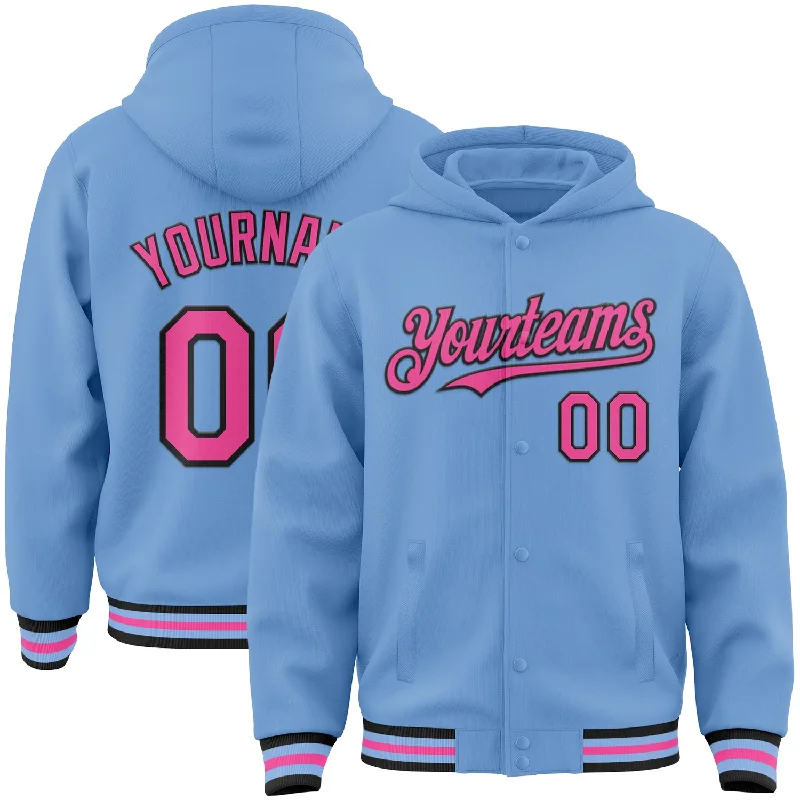 Versatile And Stylish Unisex Apparel Enjoy Discount Custom Light Blue Pink-Black Bomber Full-Snap Varsity Letterman Hoodie Jacket Versatile And Stylish Unisex Apparel Enjoy Discount Custom Light Blue Pink-Black Bomber Full-Snap Varsity Letterman Hoodie Jacket