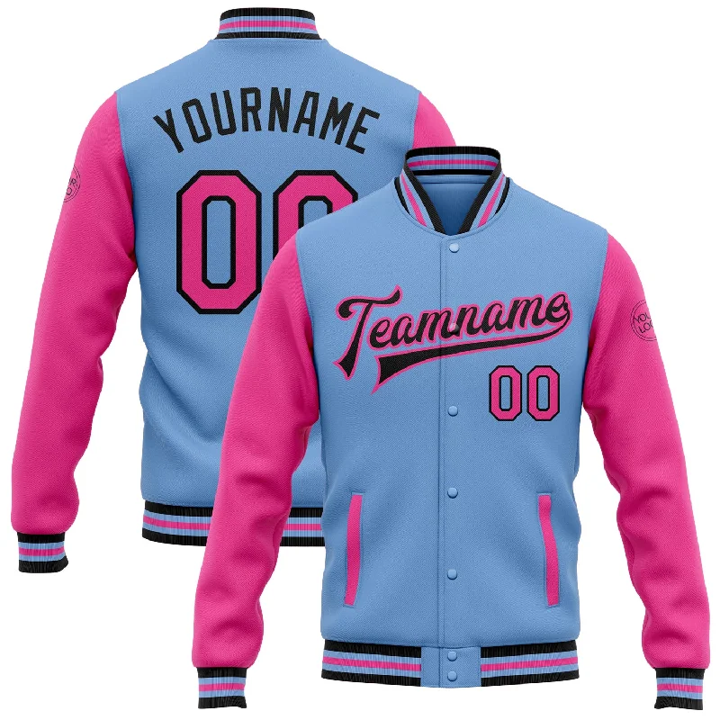Urban-Inspired Unisex Fashion Trends Day-To-Night Styles Custom Light Blue Pink-Black Bomber Full-Snap Varsity Letterman Two Tone Jacket Urban-Inspired Unisex Fashion Trends Day-To-Night Styles Custom Light Blue Pink-Black Bomber Full-Snap Varsity Letterman Two Tone Jacket