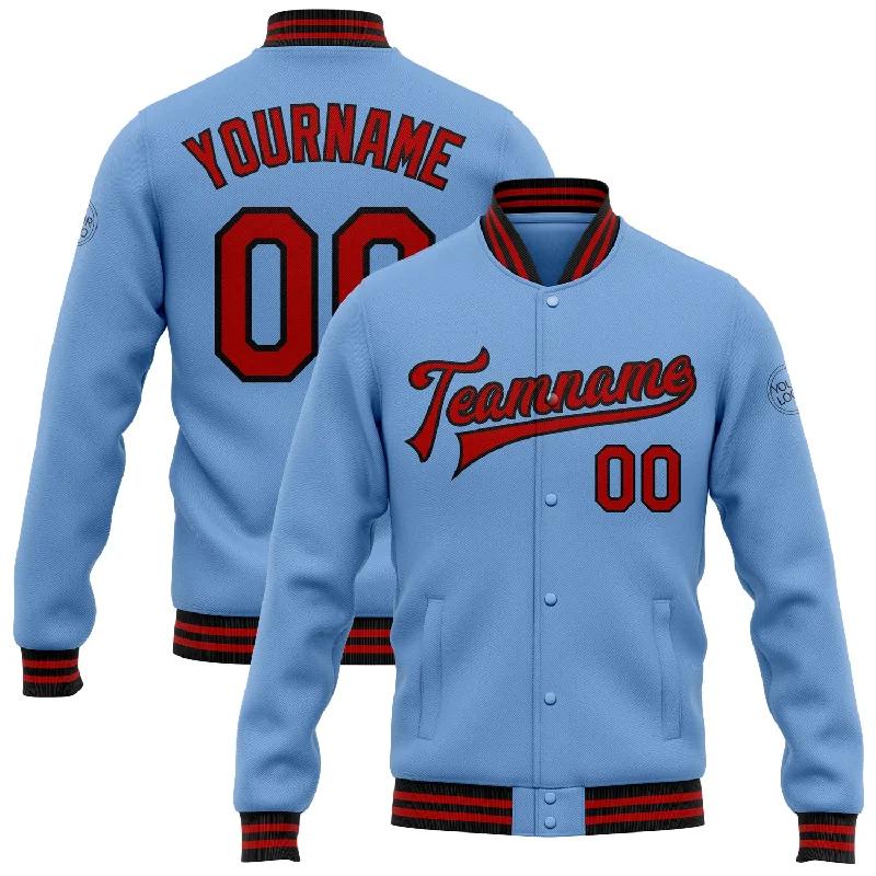 Modern Unisex Wardrobe Staples Exclusive Discounts Custom Light Blue Red-Black Bomber Full-Snap Varsity Letterman Jacket