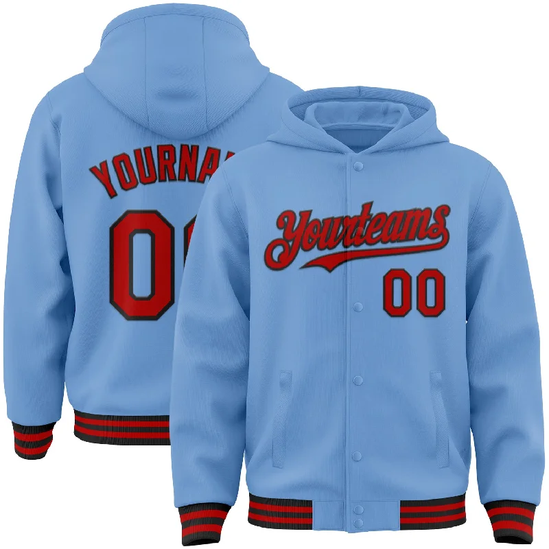 Unisex Casual Wear For All Seasons Stylish Savings Custom Light Blue Red-Black Bomber Full-Snap Varsity Letterman Hoodie Jacket Unisex Casual Wear For All Seasons Stylish Savings Custom Light Blue Red-Black Bomber Full-Snap Varsity Letterman Hoodie Jacket
