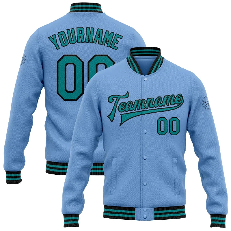 High-Quality Unisex Basics For All Occasions Flash Sale Fever Custom Light Blue Teal-Black Bomber Full-Snap Varsity Letterman Jacket