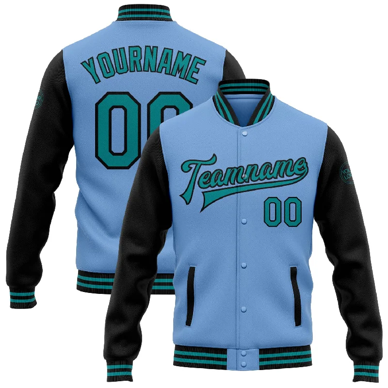 All-Season Unisex Clothing Collection Luxury Fashion Discounts Custom Light Blue Teal-Black Bomber Full-Snap Varsity Letterman Two Tone Jacket All-Season Unisex Clothing Collection Luxury Fashion Discounts Custom Light Blue Teal-Black Bomber Full-Snap Varsity Letterman Two Tone Jacket