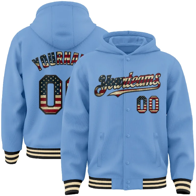 Gender-Neutral Trendy Clothing Styles Casual Chic Deals Custom Light Blue Vintage USA Flag Black-Cream Bomber Full-Snap Varsity Letterman Hoodie Jacket Gender-Neutral Trendy Clothing Styles Casual Chic Deals Custom Light Blue Vintage USA Flag Black-Cream Bomber Full-Snap Varsity Letterman Hoodie Jacket