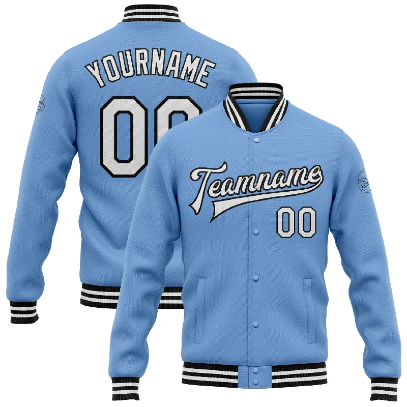 Versatile Clothing For All Genders Hot Items Custom Light Blue White-Black Bomber Full-Snap Varsity Letterman Jacket