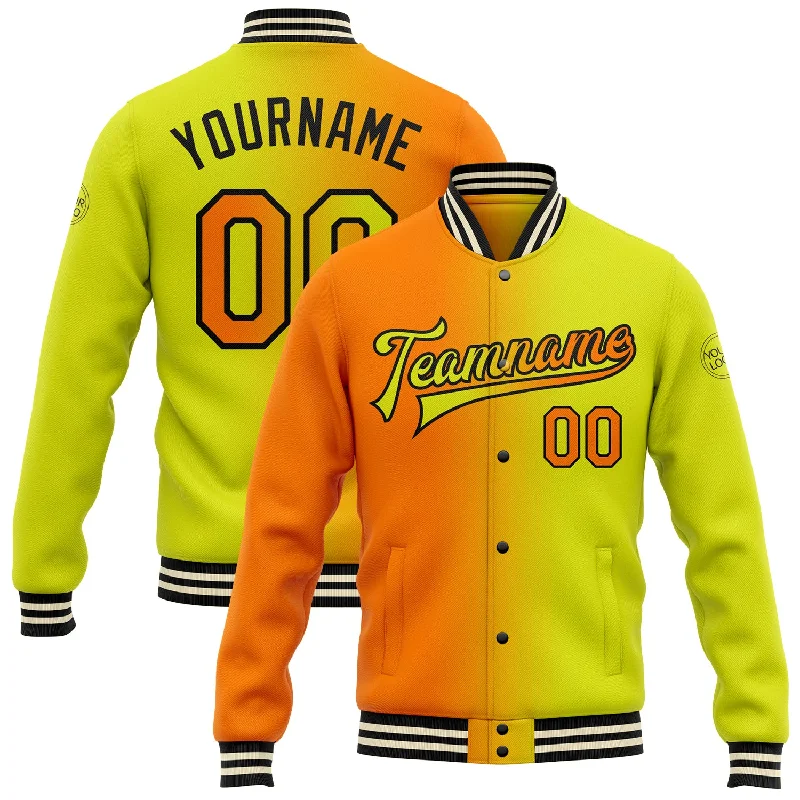 Breathable And Lightweight Unisex Wear Modish Fashion Discounts Custom Neon Yellow Bay Orange-Black Bomber Full-Snap Varsity Letterman Gradient Fashion Jacket Breathable And Lightweight Unisex Wear Modish Fashion Discounts Custom Neon Yellow Bay Orange-Black Bomber Full-Snap Varsity Letterman Gradient Fashion Jacket