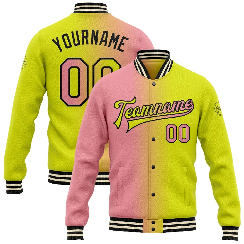 Classic And Timeless Gender-Neutral Fashion Exclusive Fashion Deals Custom Neon Yellow Medium Pink-Black Bomber Full-Snap Varsity Letterman Gradient Fashion Jacket Classic And Timeless Gender-Neutral Fashion Exclusive Fashion Deals Custom Neon Yellow Medium Pink-Black Bomber Full-Snap Varsity Letterman Gradient Fashion Jacket