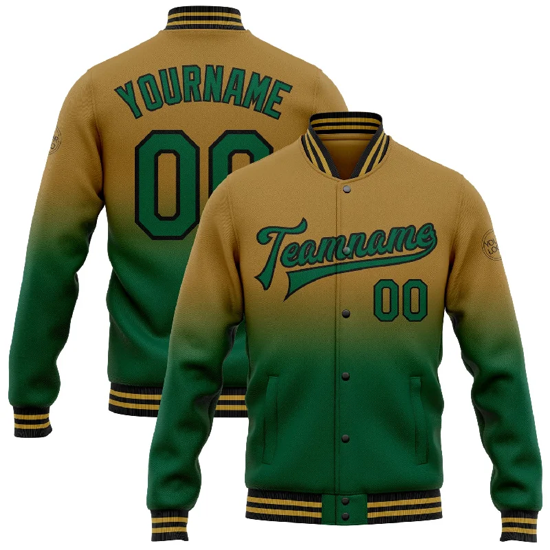 Versatile And Stylish Unisex Apparel Limited Time Deal Custom Old Gold Kelly Green-Black Bomber Full-Snap Varsity Letterman Fade Fashion Jacket Versatile And Stylish Unisex Apparel Limited Time Deal Custom Old Gold Kelly Green-Black Bomber Full-Snap Varsity Letterman Fade Fashion Jacket